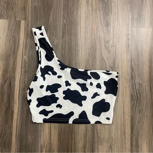 one shoulder cow print cropped tank top